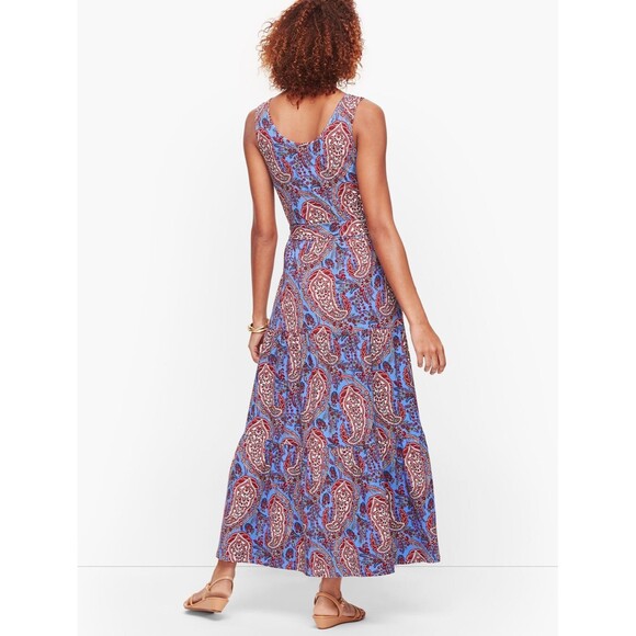 Talbots Paisley Tiered Midi Dress Size Lp stretch knit jersey blue sleeveless - Picture 2 of 9